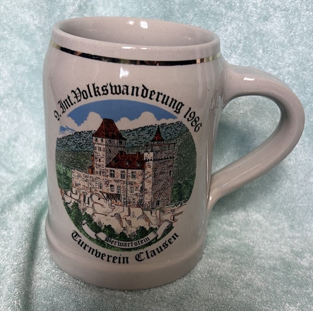 VTG 9. Int. Volkswanderung 1986 Turnverein Clausen Beer Stein Mug Hiking Germany